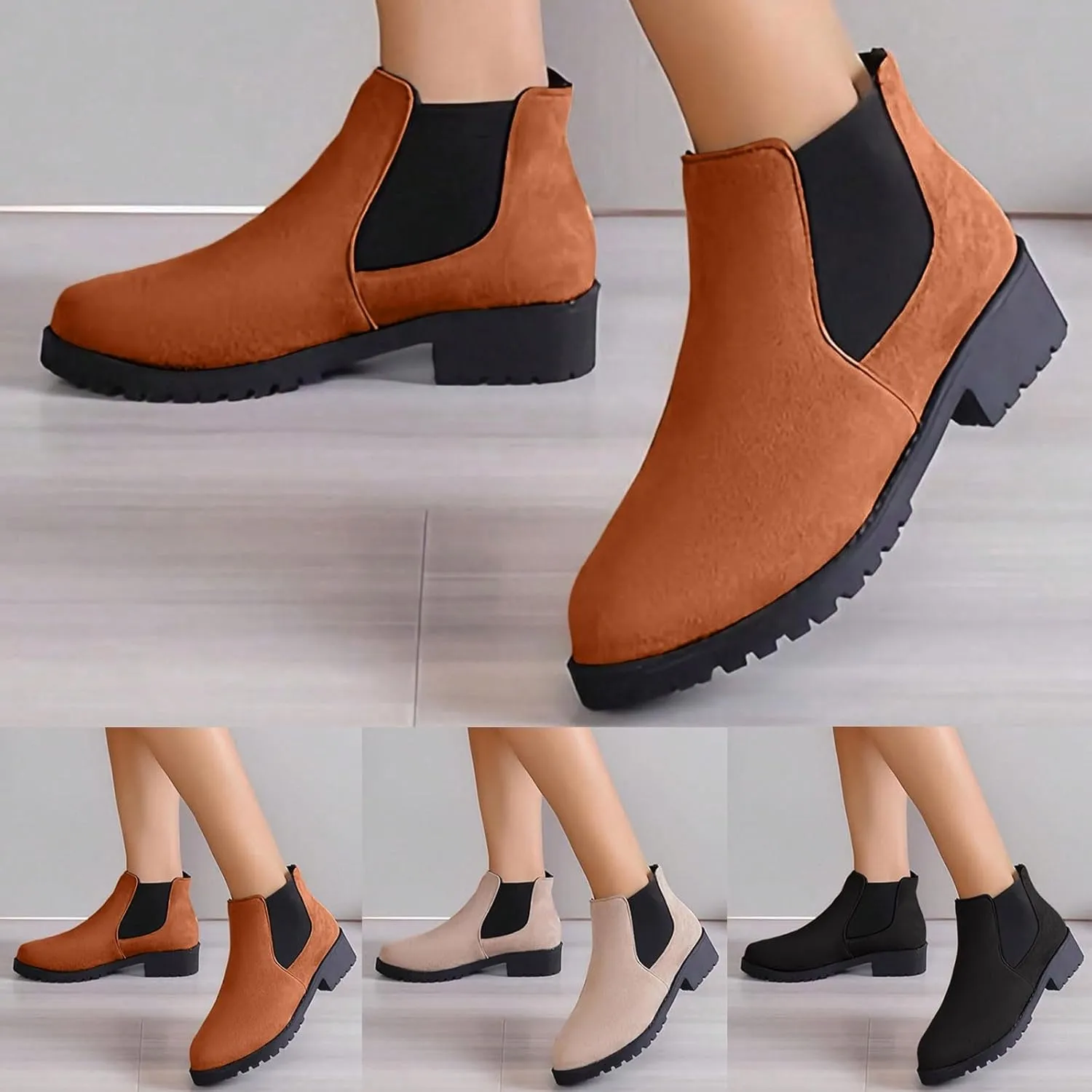 Autumn Winter Women Ankle Boots Suede Low Heels Boots Flock Elastic Sleeve Low Heels Round Toe Ankle Boots Fashion