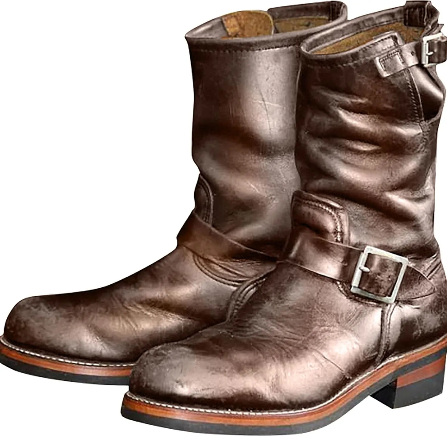 Western Boots For Men With Strap Round Toe Pull On Winter Boots For Men Mid-Calf Men Chunky Blocked