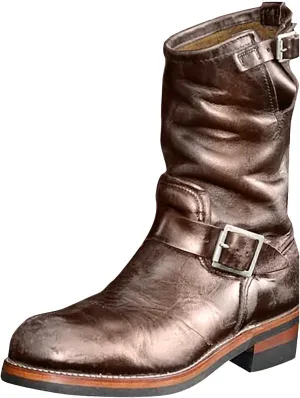 Western Boots For Men With Strap Round Toe Pull On Winter Boots For Men Mid-Calf Men Chunky Blocked