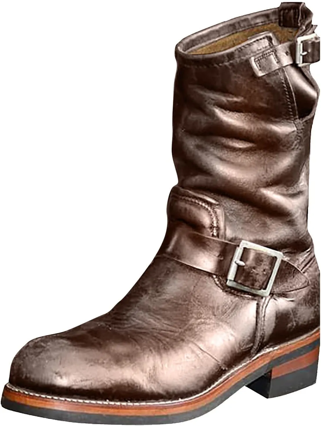 Western Boots For Men With Strap Round Toe Pull On Winter Boots For Men Mid-Calf Men Chunky Blocked