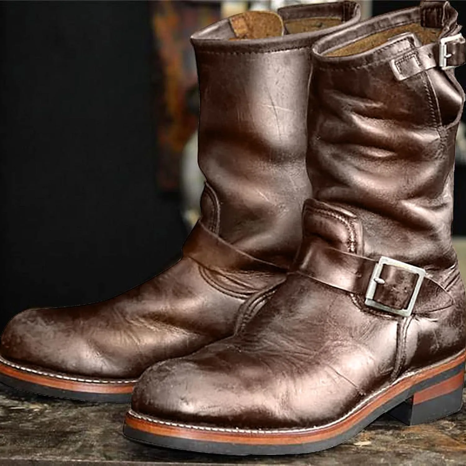 Western Boots For Men With Strap Round Toe Pull On Winter Boots For Men Mid-Calf Men Chunky Blocked