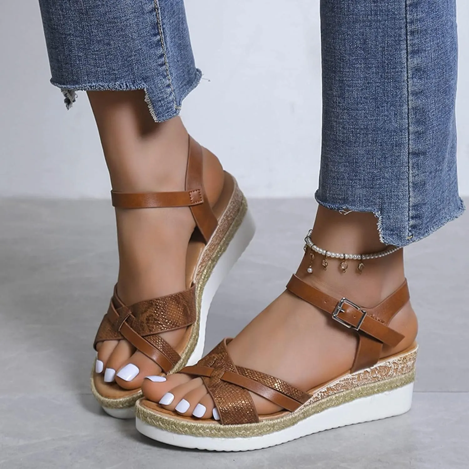 Women Platform Sandals Open Toe Adjustable Buckle Ankle Strap Sandals Casual Arch Support Outdoor Beach Shoes
