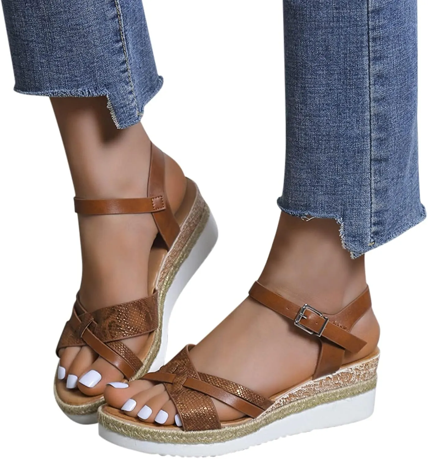 Women Platform Sandals Open Toe Adjustable Buckle Ankle Strap Sandals Casual Arch Support Outdoor Beach Shoes
