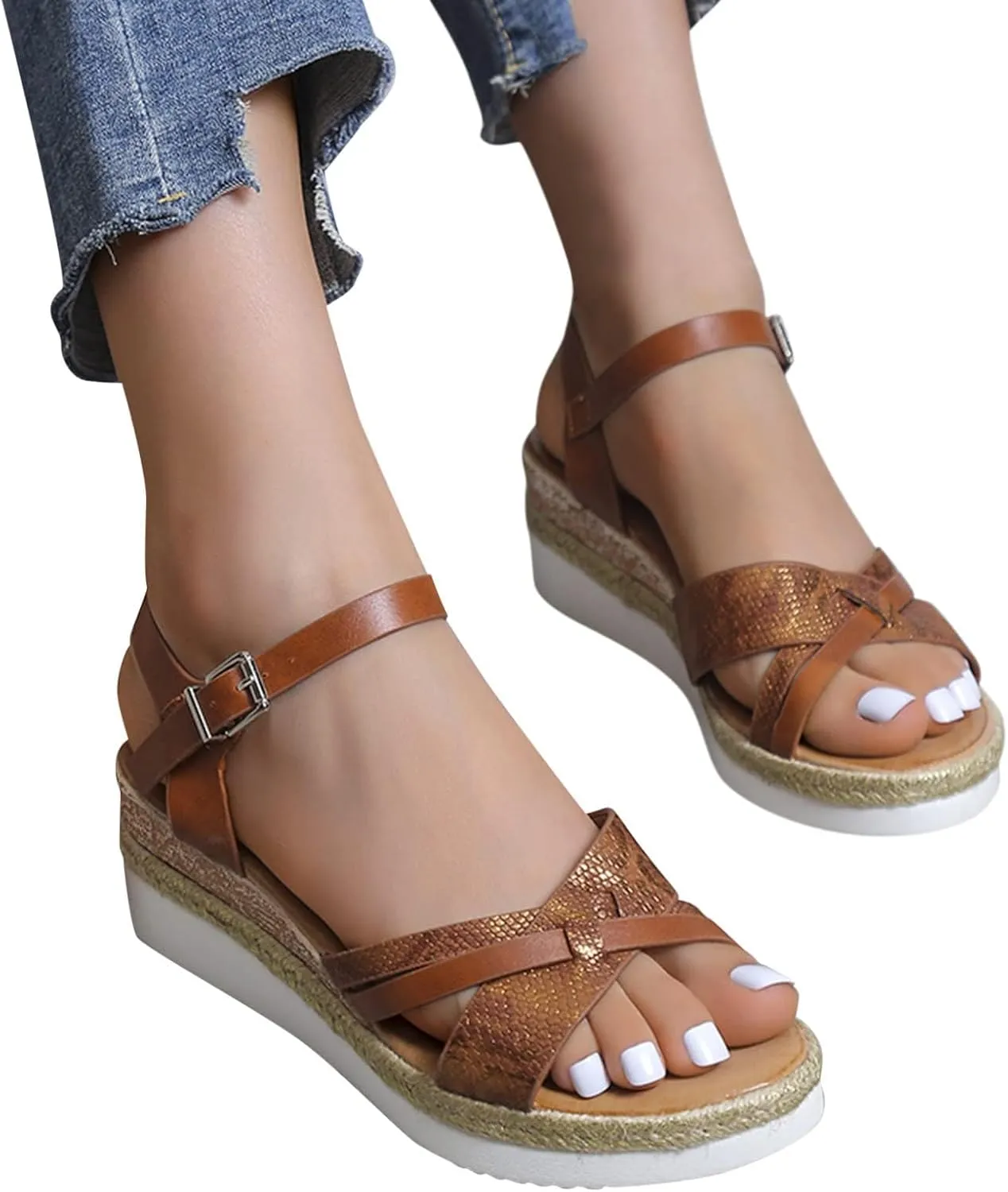 Women Platform Sandals Open Toe Adjustable Buckle Ankle Strap Sandals Casual Arch Support Outdoor Beach Shoes