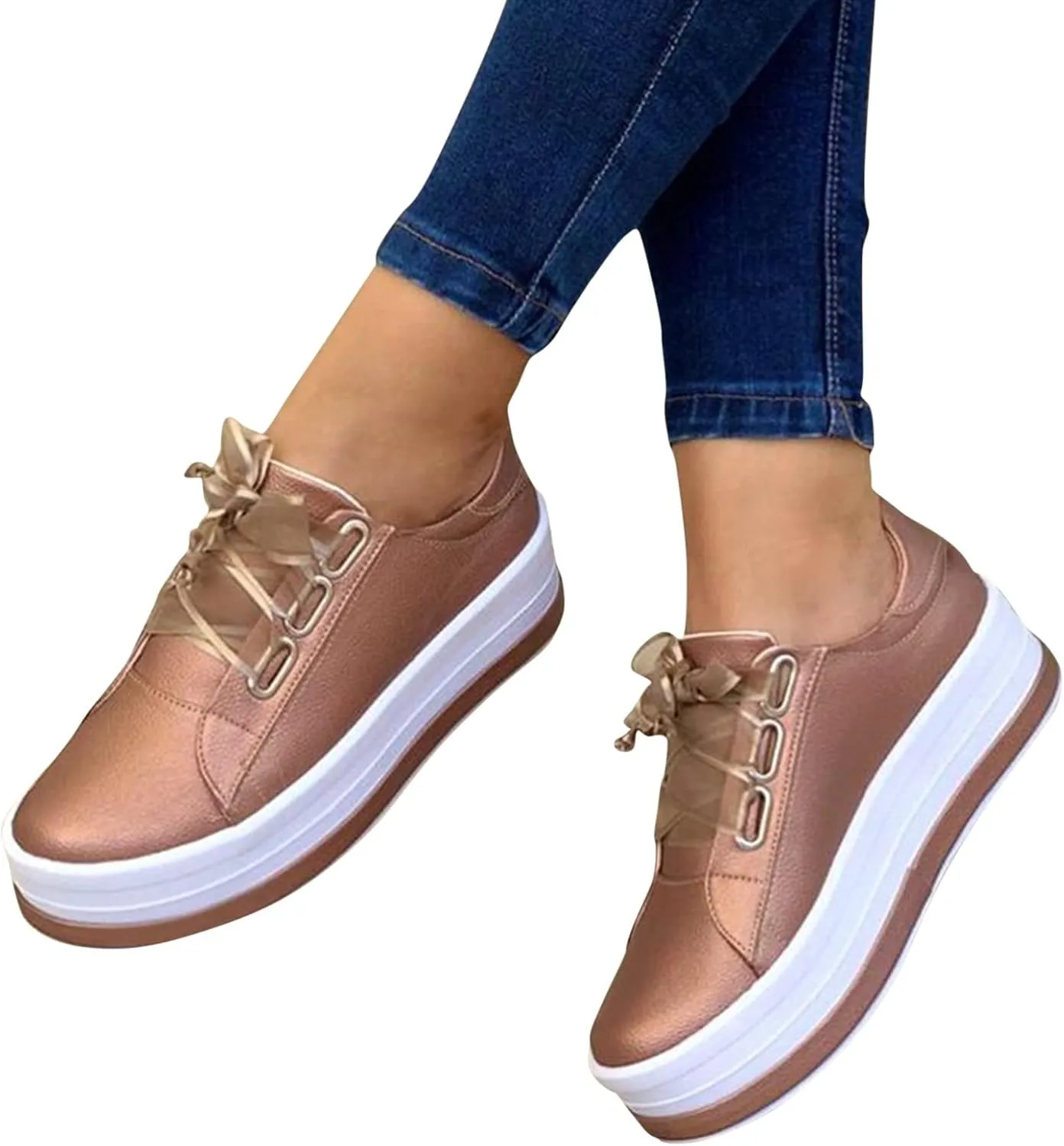 Women Thick Sole Shoes Casual Slip On Lace Up Athletic Shoes Round Toe Platform Sneakers Casual Walking Sneaker