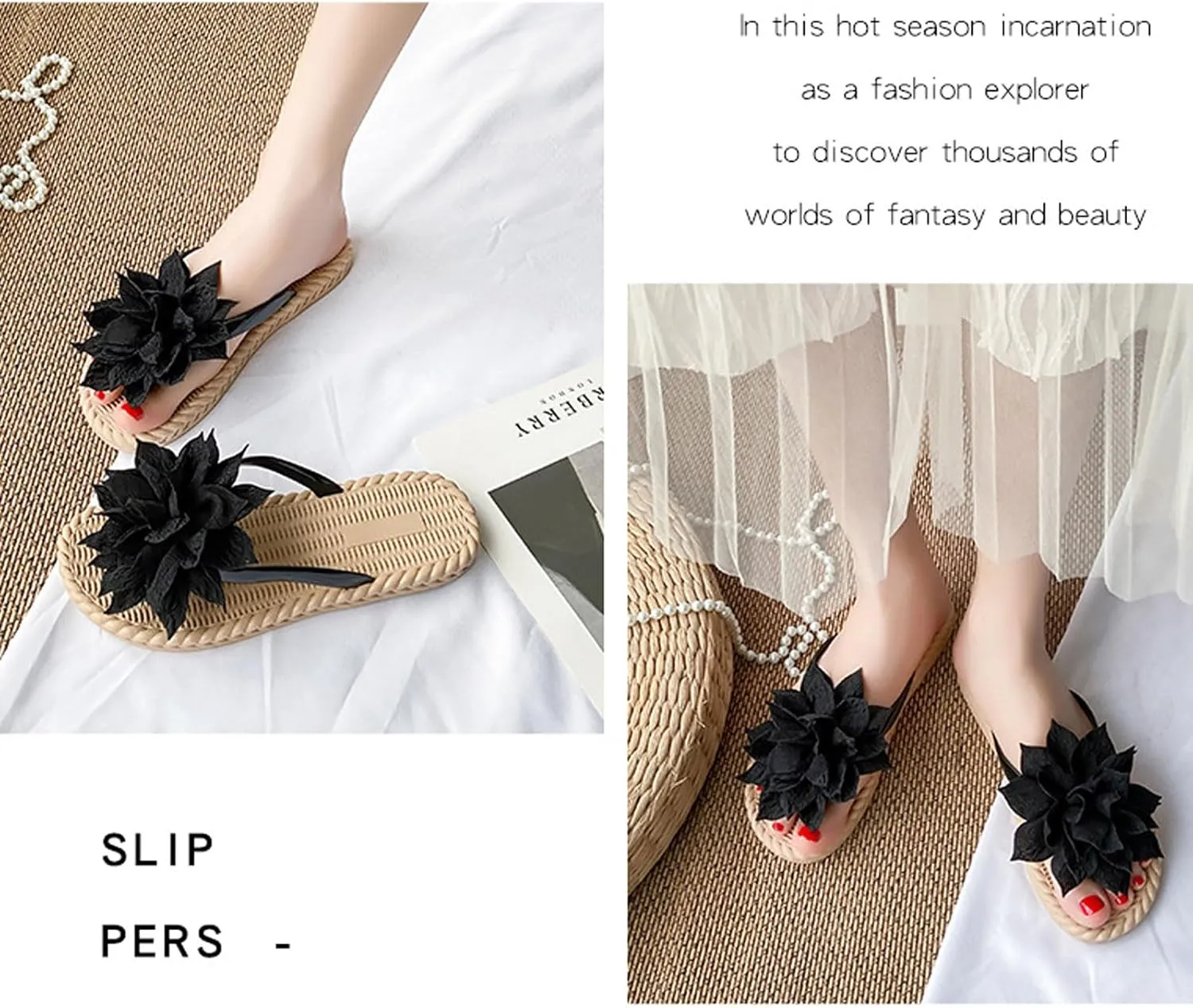 Women's Espadrilles Slide Sandals Cute Open Toe Slip On Slides with Flower Flip Flops Bohemia Beach Sandals Ladies