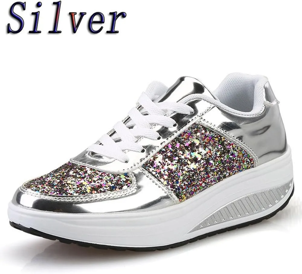 Women's Glitter Platform Wedge Sneaker with Arch Support Sparkly Sequin Lightweight Non Slip Casual Sneakers Lace Up Walking Shoes