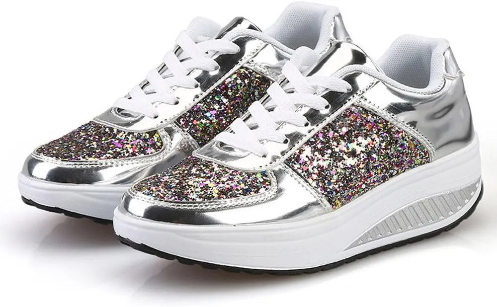 Women's Glitter Platform Wedge Sneaker with Arch Support Sparkly Sequin Lightweight Non Slip Casual Sneakers Lace Up Walking Shoes