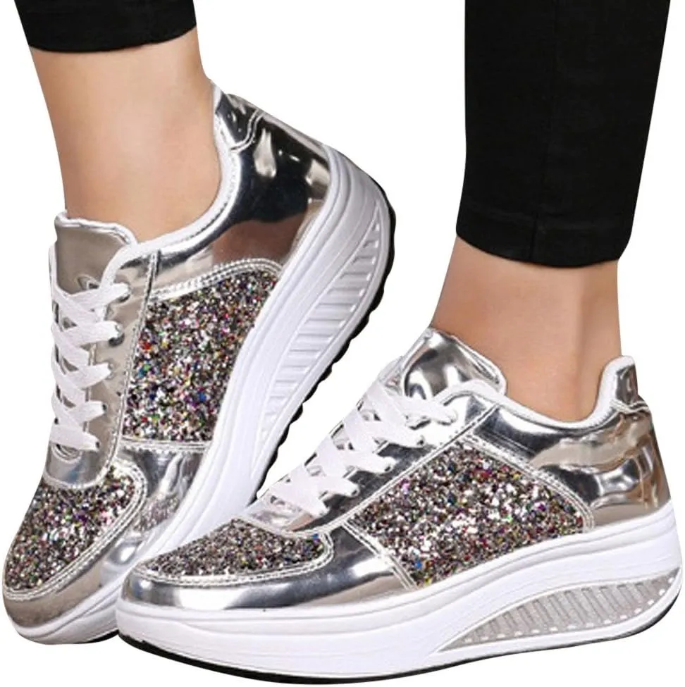 Women's Glitter Platform Wedge Sneaker with Arch Support Sparkly Sequin Lightweight Non Slip Casual Sneakers Lace Up Walking Shoes