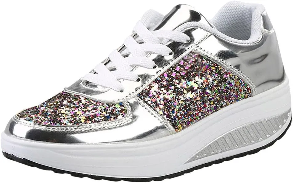 Women's Glitter Platform Wedge Sneaker with Arch Support Sparkly Sequin Lightweight Non Slip Casual Sneakers Lace Up Walking Shoes
