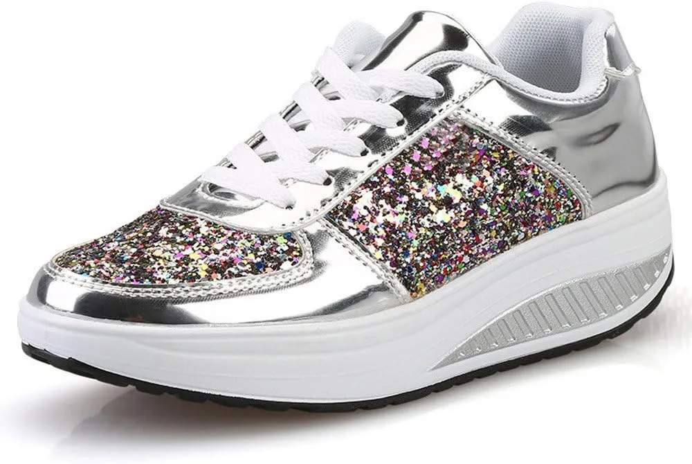 Women's Glitter Platform Wedge Sneaker with Arch Support Sparkly Sequin Lightweight Non Slip Casual Sneakers Lace Up Walking Shoes
