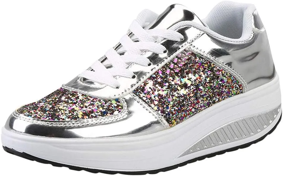 Women's Glitter Platform Wedge Sneaker with Arch Support Sparkly Sequin Lightweight Non Slip Casual Sneakers Lace Up Walking Shoes