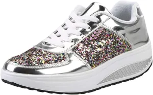 Women's Glitter Platform Wedge Sneaker with Arch Support Sparkly Sequin Lightweight Non Slip Casual Sneakers Lace Up Walking Shoes