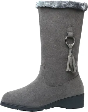 Women's Mid Length Boots Winter New European and Snow Boots Women's and Thick Insulation Snow Boots for Women with Bows (Grey, 8)