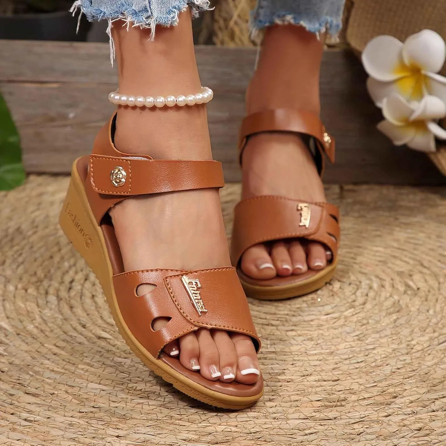 Women's Wedge Leather Sandals Platform Comfortable Mid Heel Dressy Arch Support 2025 Summer Open Toe Sandals