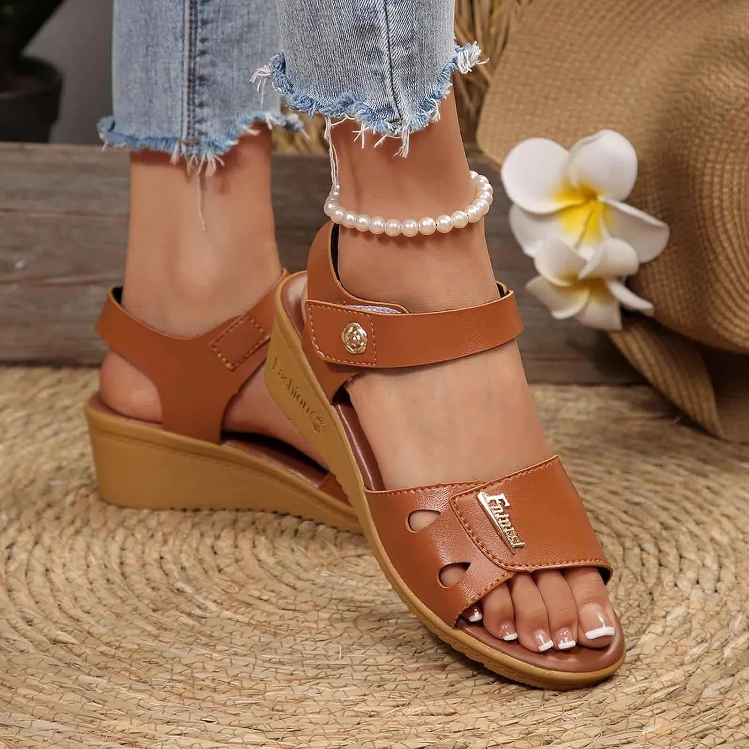 Women's Wedge Leather Sandals Platform Comfortable Mid Heel Dressy Arch Support 2025 Summer Open Toe Sandals